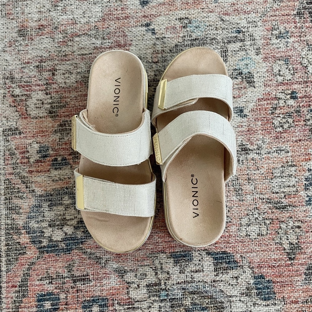 VIONIC Phoenix Brandie Platform Slide with Gold Buckles - Size 6